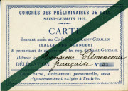 Carte de circulation délivrée à Georges Clemenceau à l'occasion des préliminaires de Paix à St Germain en 1919